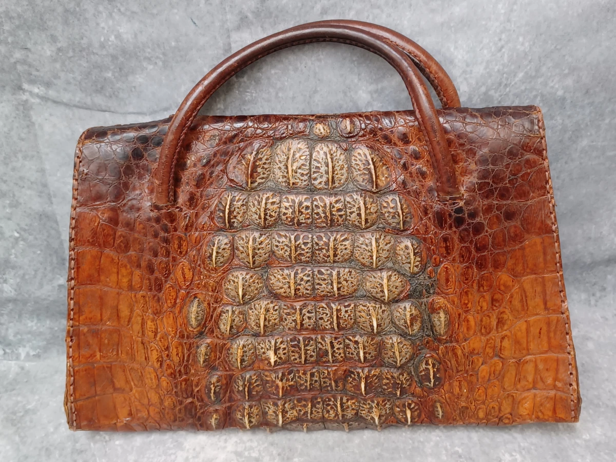 Vintage cognac krokodillenleren handtas – Uniek hornback design