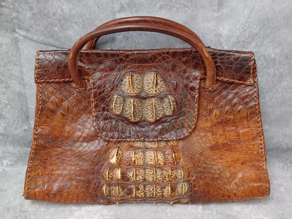 Vintage cognac krokodillenleren handtas – Uniek hornback design