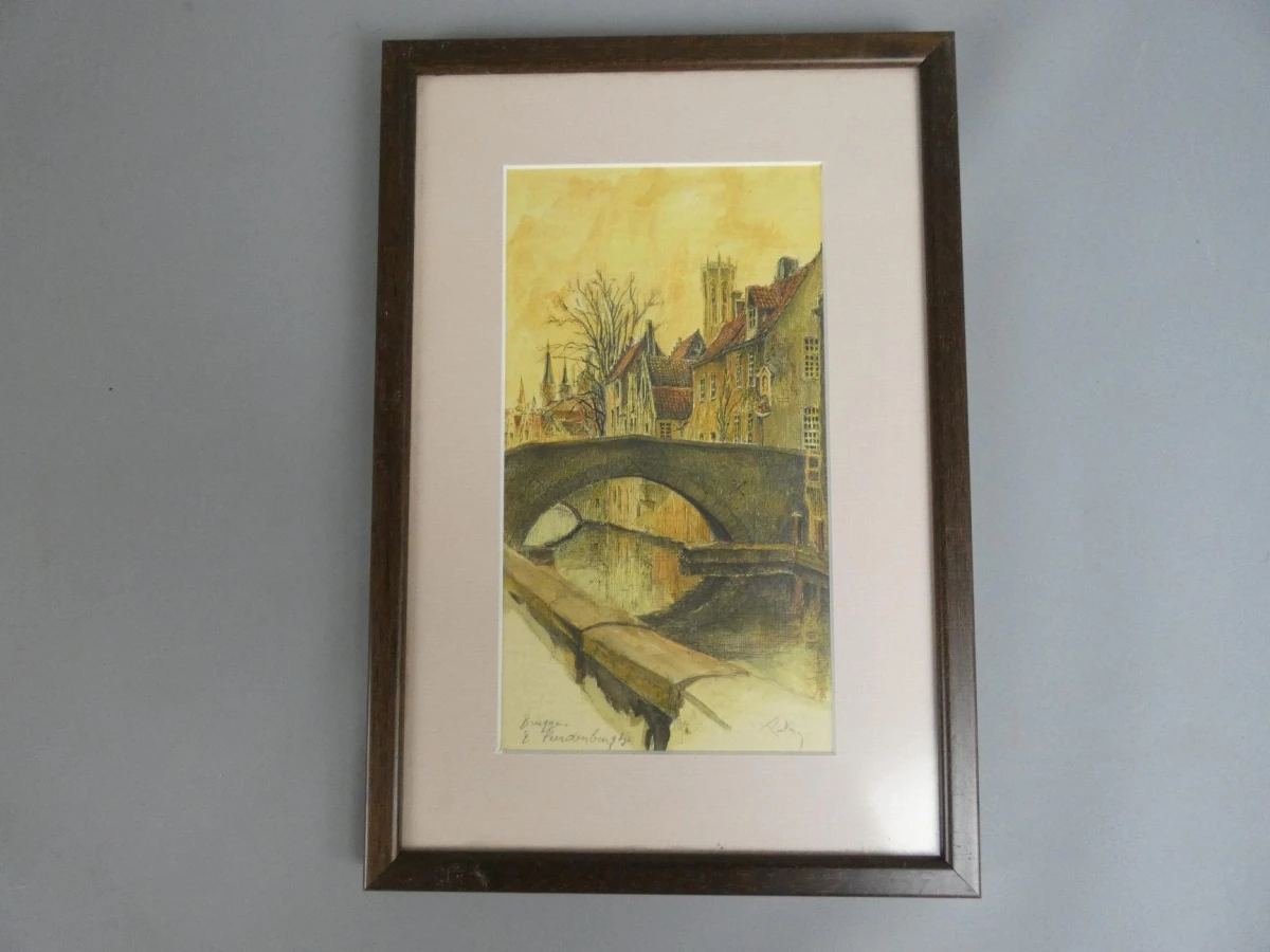 Ingelijste aquarel van Brugge door Luc Putman
