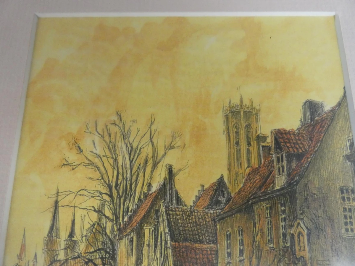 Ingelijste aquarel van Brugge door Luc Putman