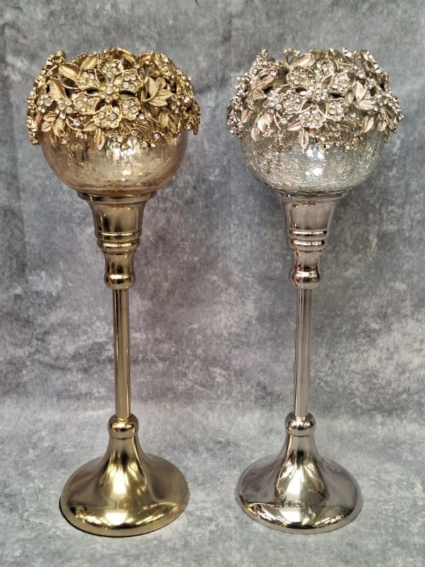 Set van 6 J-Line “Juweel” theelichthouders op voet - goud & zilver met strass en craquelé glas