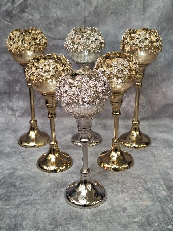 Set van 6 J-Line “Juweel” theelichthouders op voet - goud & zilver met strass en craquelé glas
