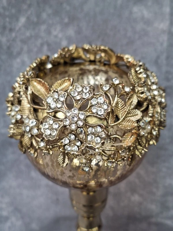 Set van 6 J-Line “Juweel” theelichthouders op voet - goud & zilver met strass en craquelé glas