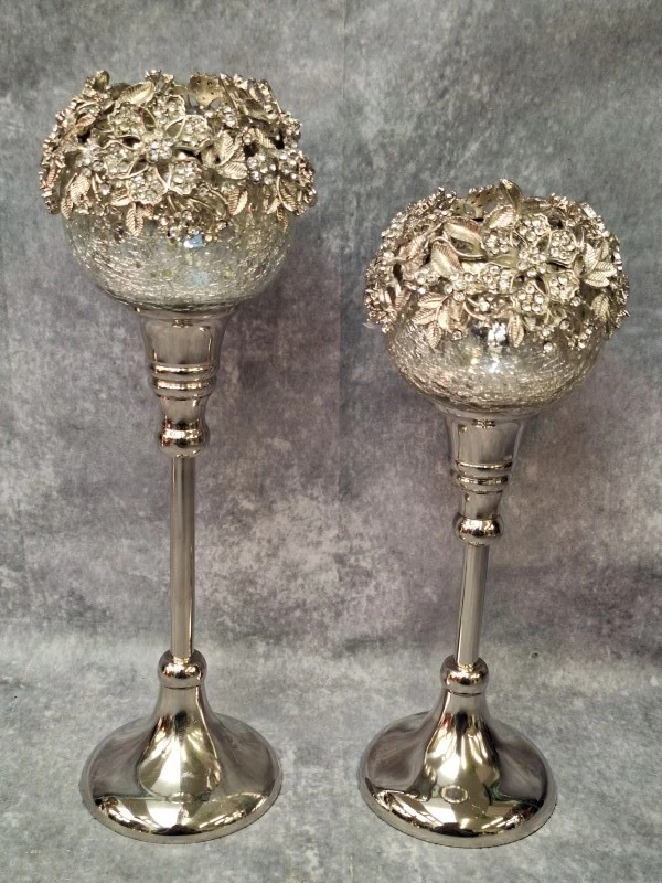 Set van 6 J-Line “Juweel” theelichthouders op voet - goud & zilver met strass en craquelé glas