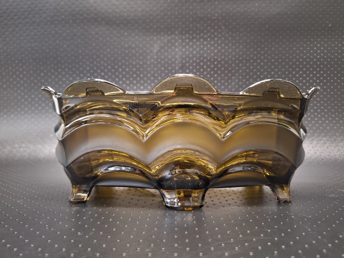 Prachtige tweedelige Art Deco bloemenschaal - Amber persglas (Jaren '30)