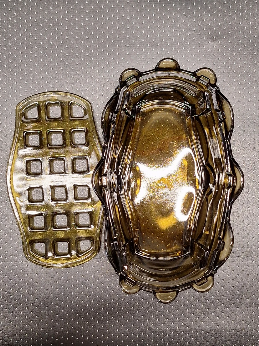 Prachtige tweedelige Art Deco bloemenschaal - Amber persglas (Jaren '30)
