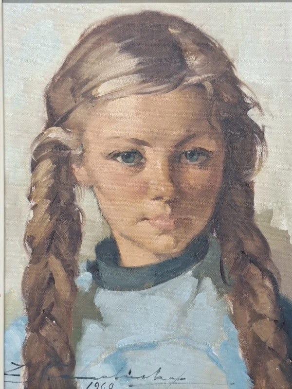 Vintage portretschilderij meisje met vlechten (1969) - Louis Jacques Camerlinckx (1920–1989)