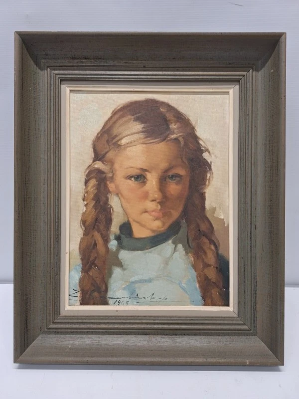 Vintage portretschilderij meisje met vlechten (1969) - Louis Jacques Camerlinckx (1920–1989)