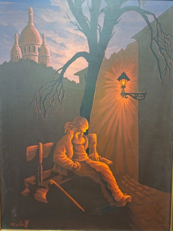 Olieschilderij van een Oude man op een bank (Parijs, ca. 1980) - Nicolas Riaboff