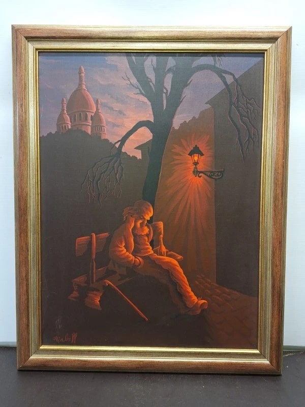 Olieschilderij van een Oude man op een bank (Parijs, ca. 1980) - Nicolas Riaboff