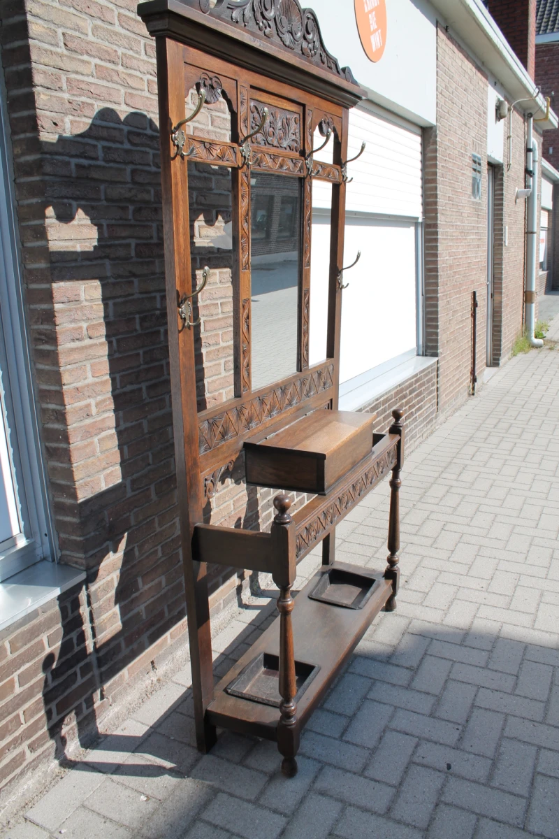 Antieke eikenhouten kapstok met spiegel en opberglade