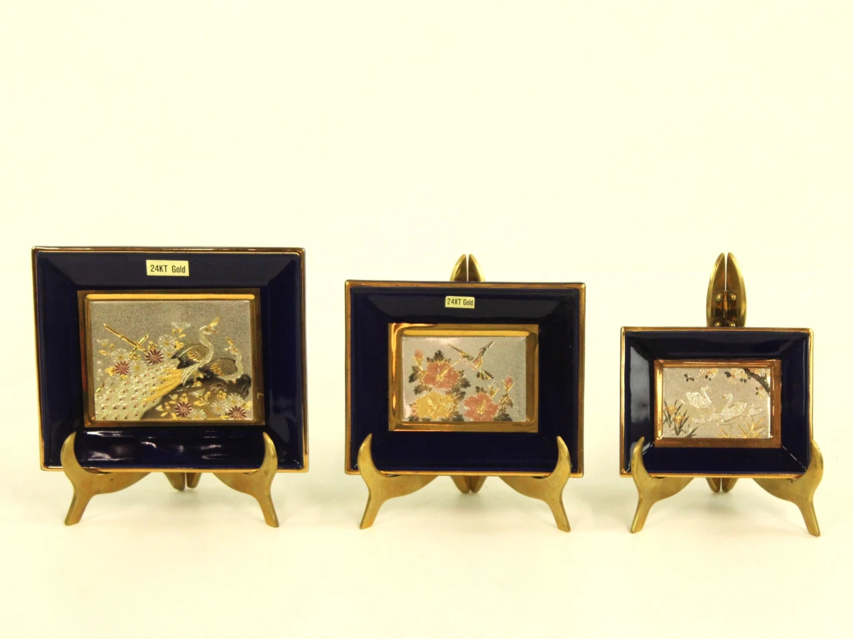 Set van 3 decoratieve Japanse miniatuur schilderijtjes met 24K goud