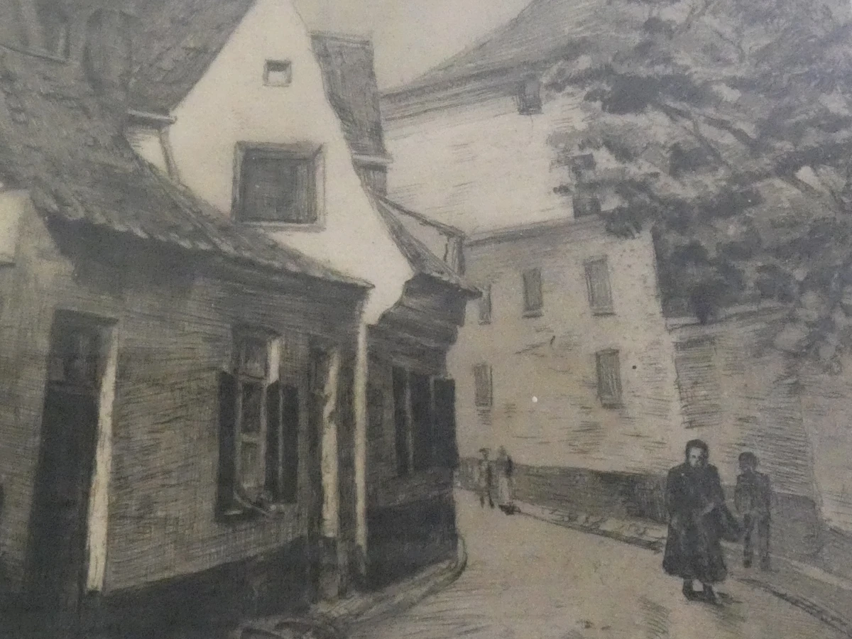 Lot van drie ingelijste etsen met historische stadsgezichten
