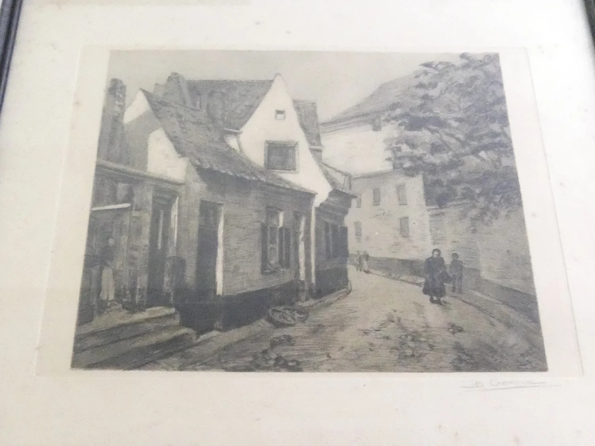 Lot van drie ingelijste etsen met historische stadsgezichten