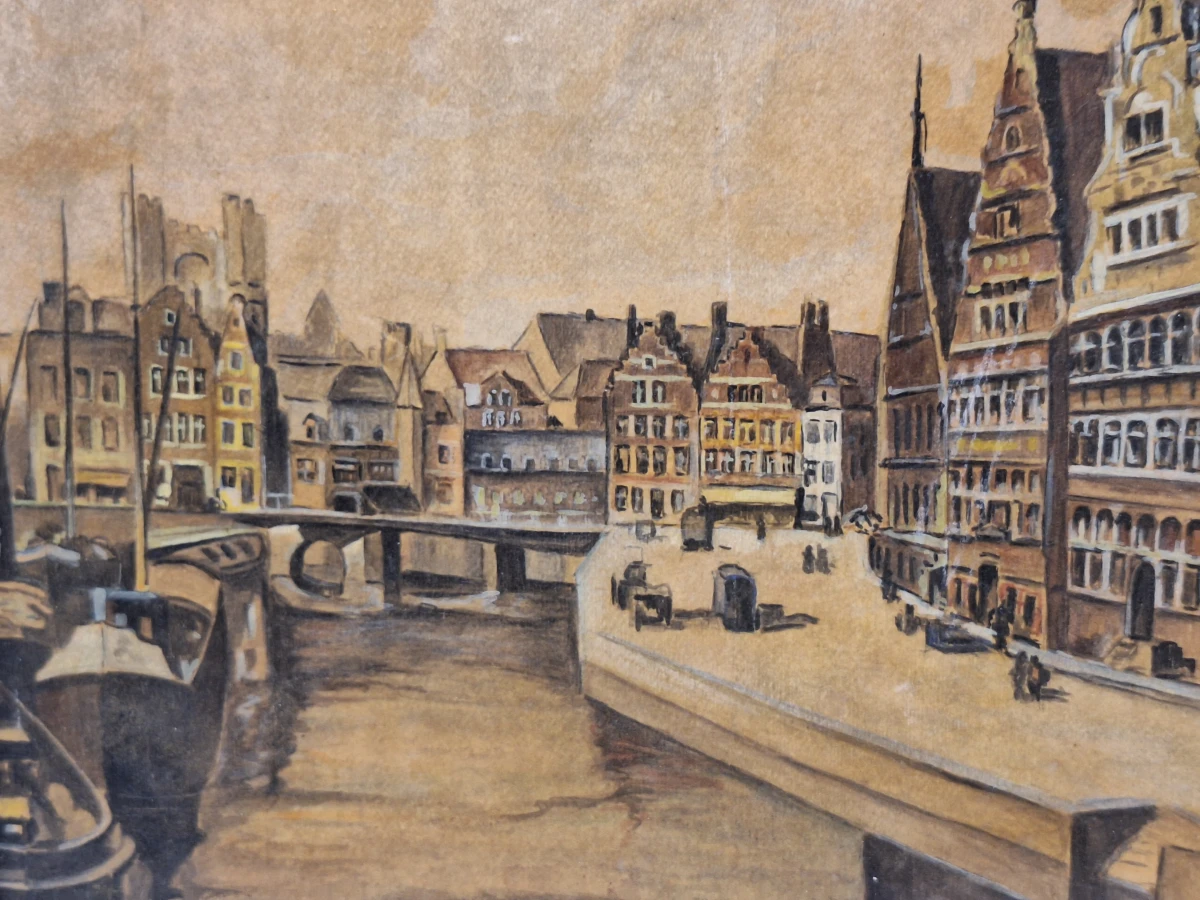 Stadsgezicht van de Graslei en Leie te Gent - Olieverf op paneel - L. Courtois