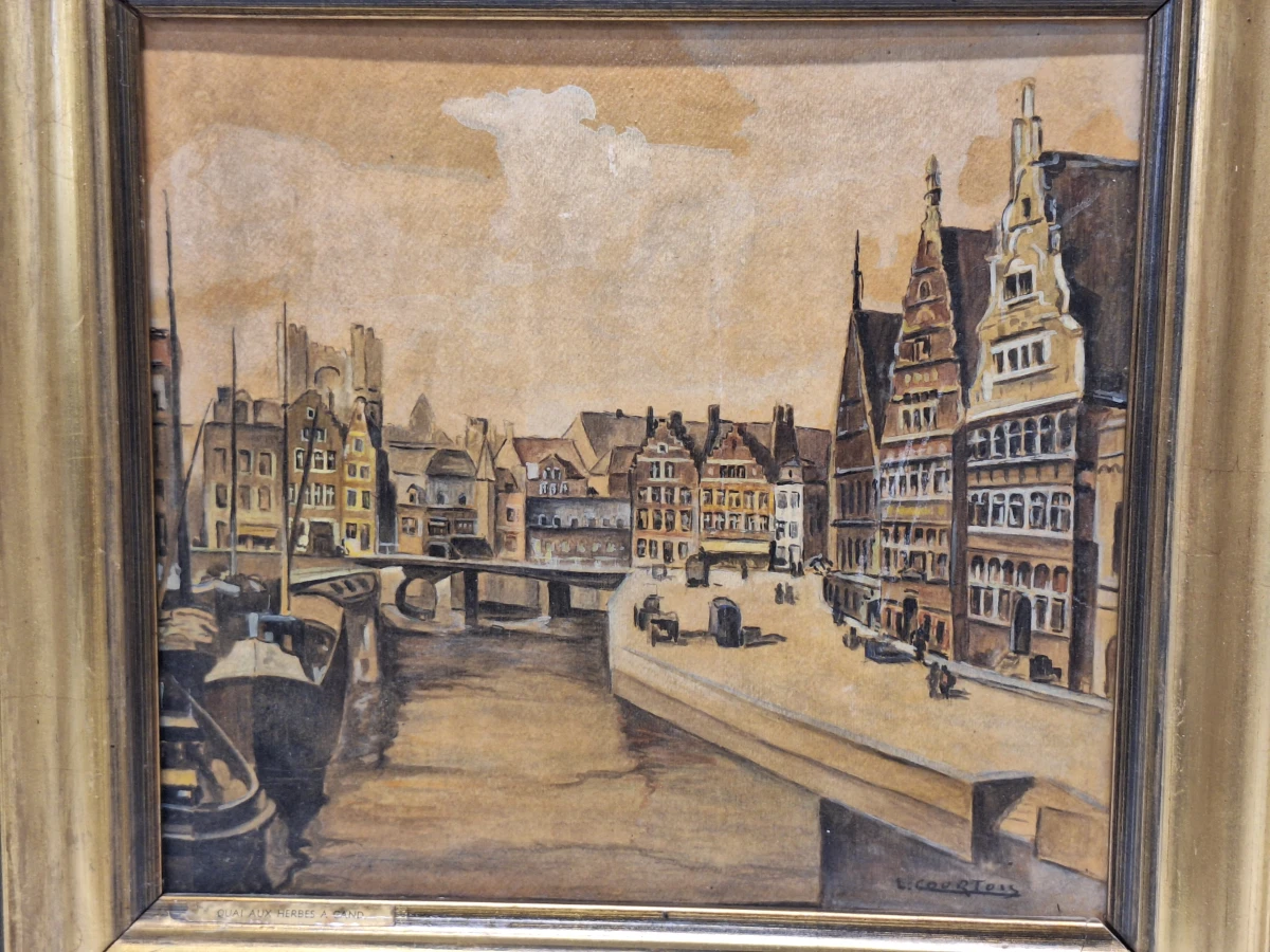 Stadsgezicht van de Graslei en Leie te Gent - Olieverf op paneel - L. Courtois