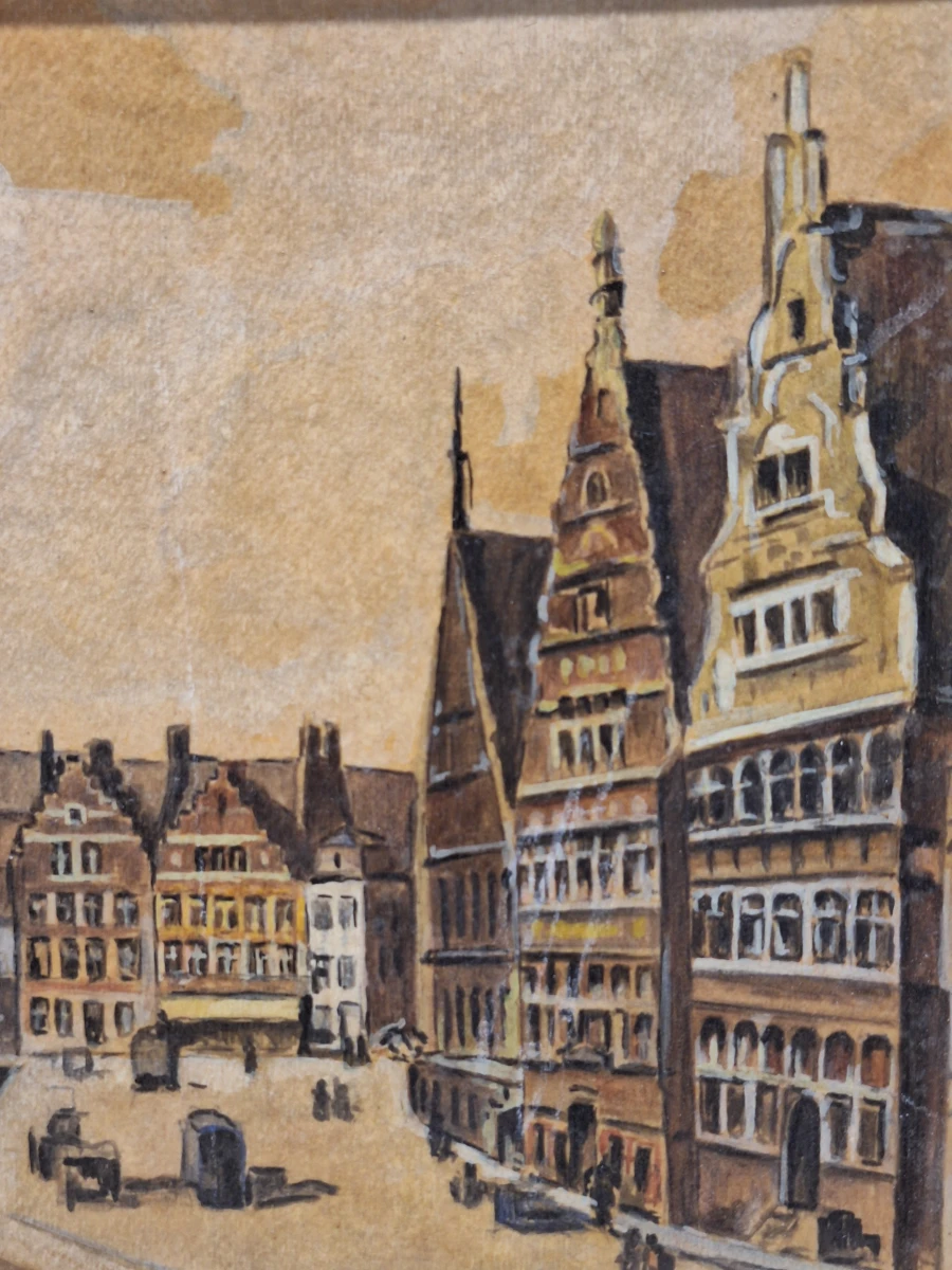 Stadsgezicht van de Graslei en Leie te Gent - Olieverf op paneel - L. Courtois