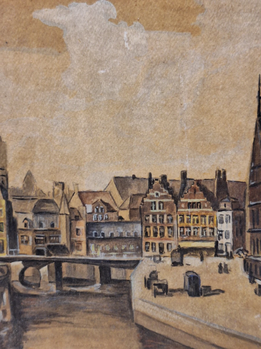Stadsgezicht van de Graslei en Leie te Gent - Olieverf op paneel - L. Courtois