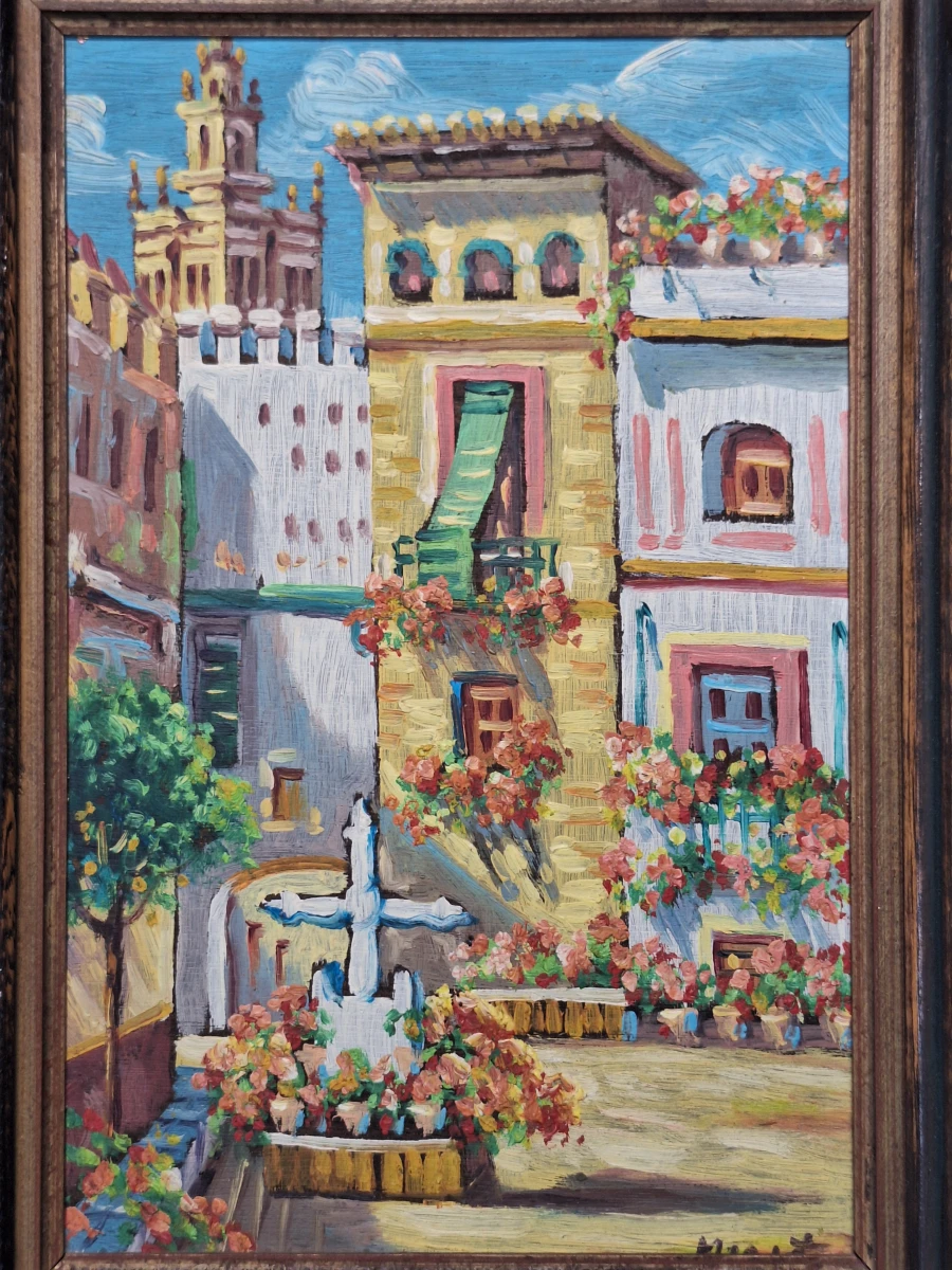Impressionistisch stadsgezicht van Sevilla met de Giralda - Olieverf op paneel