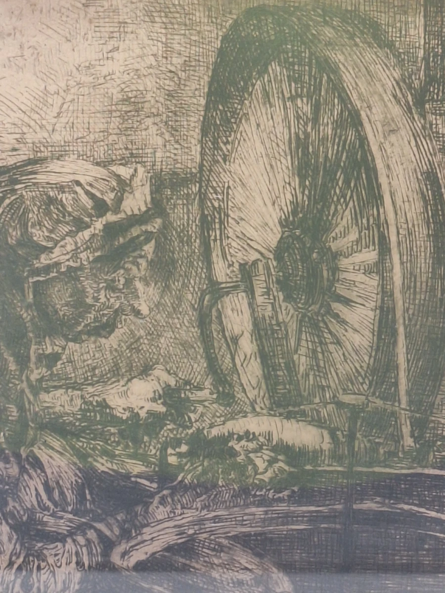 Originele ets - Oude vrouw aan het spinnenwiel - Emiel Thysebaert (1873–1963)