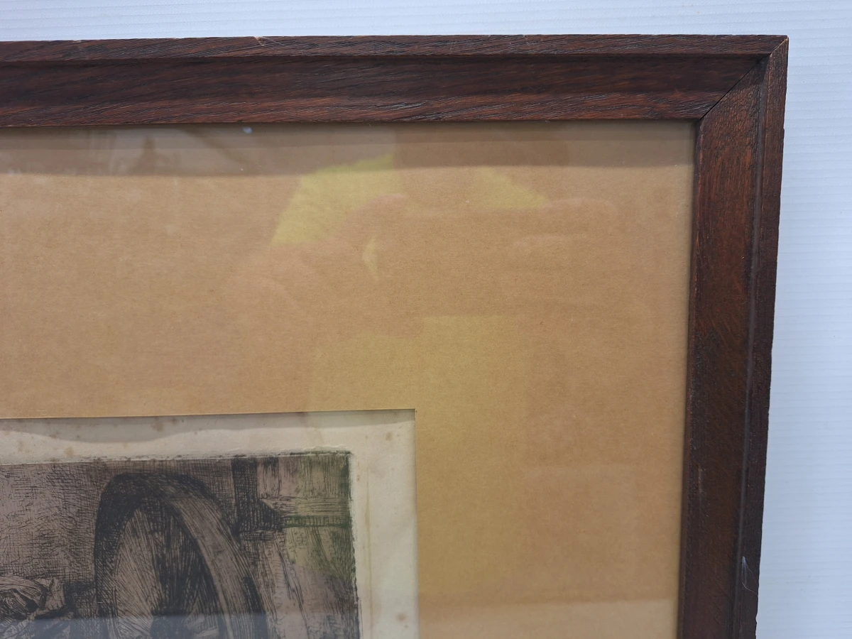 Originele ets - Oude vrouw aan het spinnenwiel - Emiel Thysebaert (1873–1963)