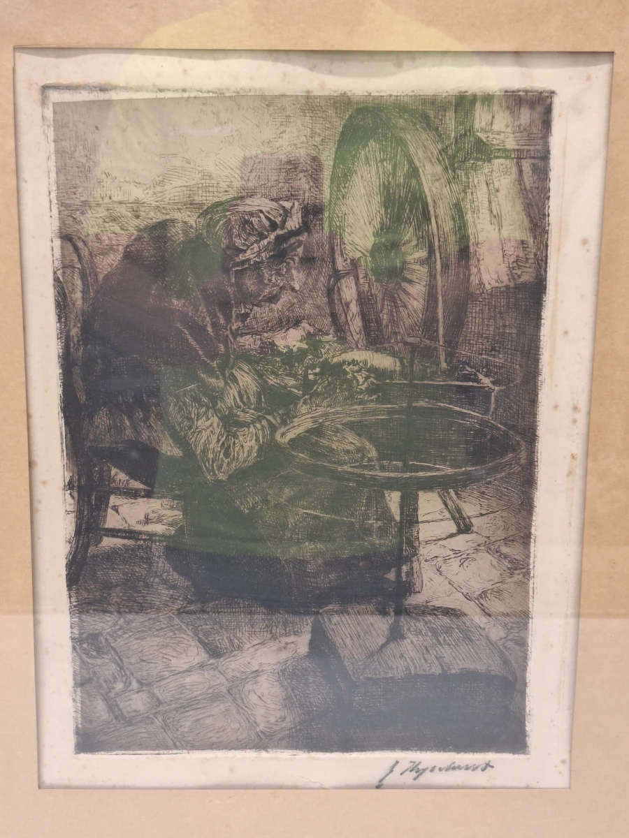 Originele ets - Oude vrouw aan het spinnenwiel - Emiel Thysebaert (1873–1963)