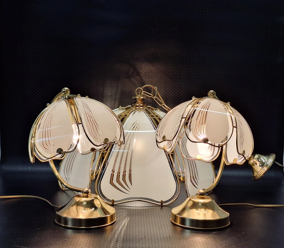 Elegante vintage Hollywood Regency verlichtingsset - Hanglamp & 2 tafellampen