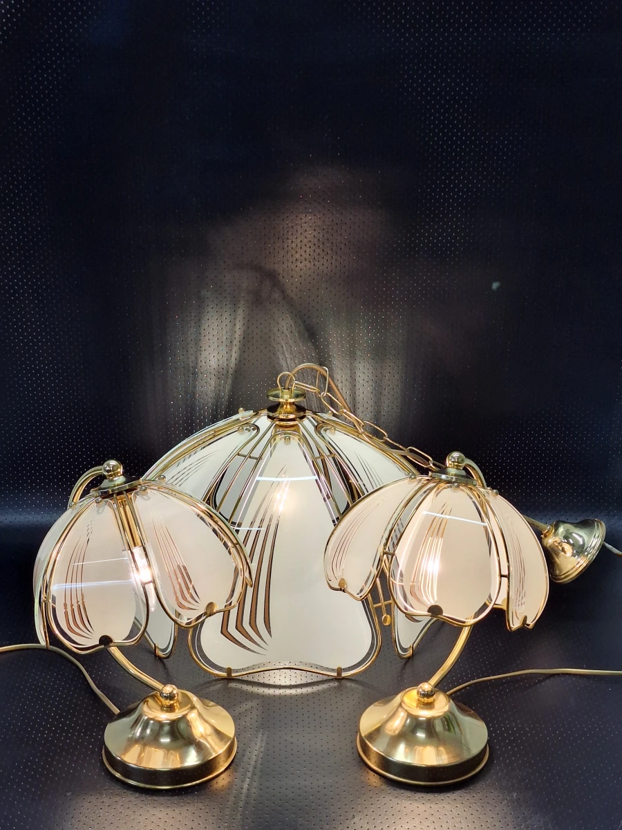 Elegante vintage Hollywood Regency verlichtingsset - Hanglamp & 2 tafellampen