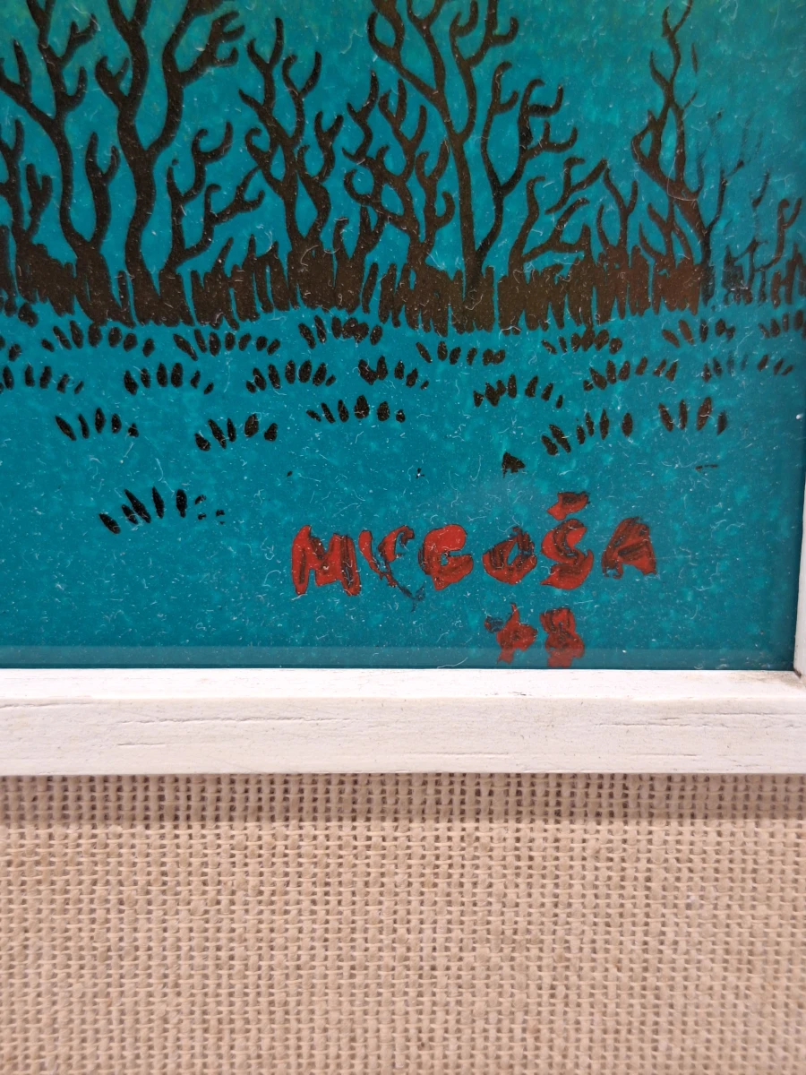 Naïef dorp met haan in boom - Achterglasschildering, 1978 - Drago Mugoša