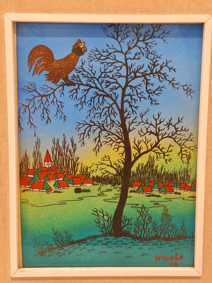Naïef dorp met haan in boom - Achterglasschildering, 1978 - Drago Mugoša
