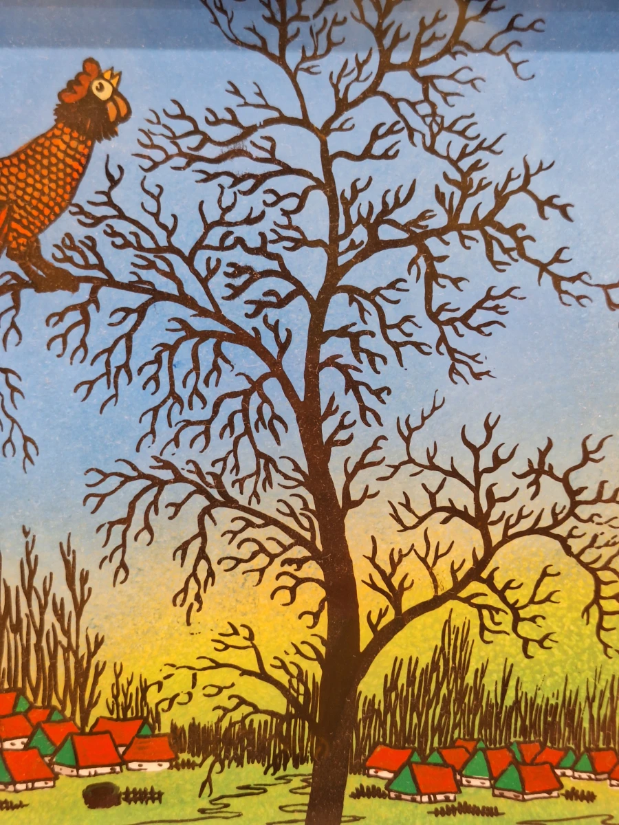 Naïef dorp met haan in boom - Achterglasschildering, 1978 - Drago Mugoša