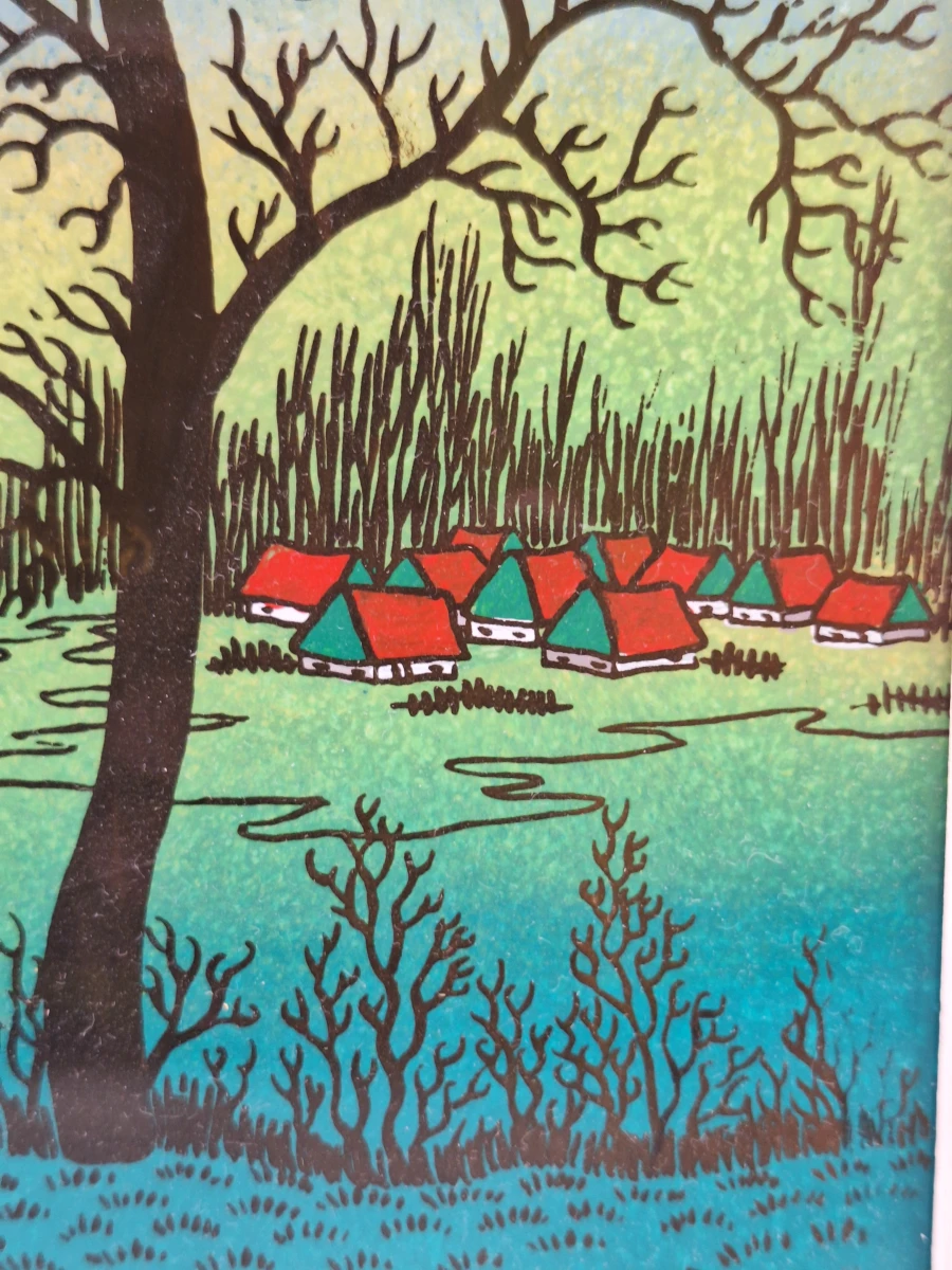 Naïef dorp met haan in boom - Achterglasschildering, 1978 - Drago Mugoša