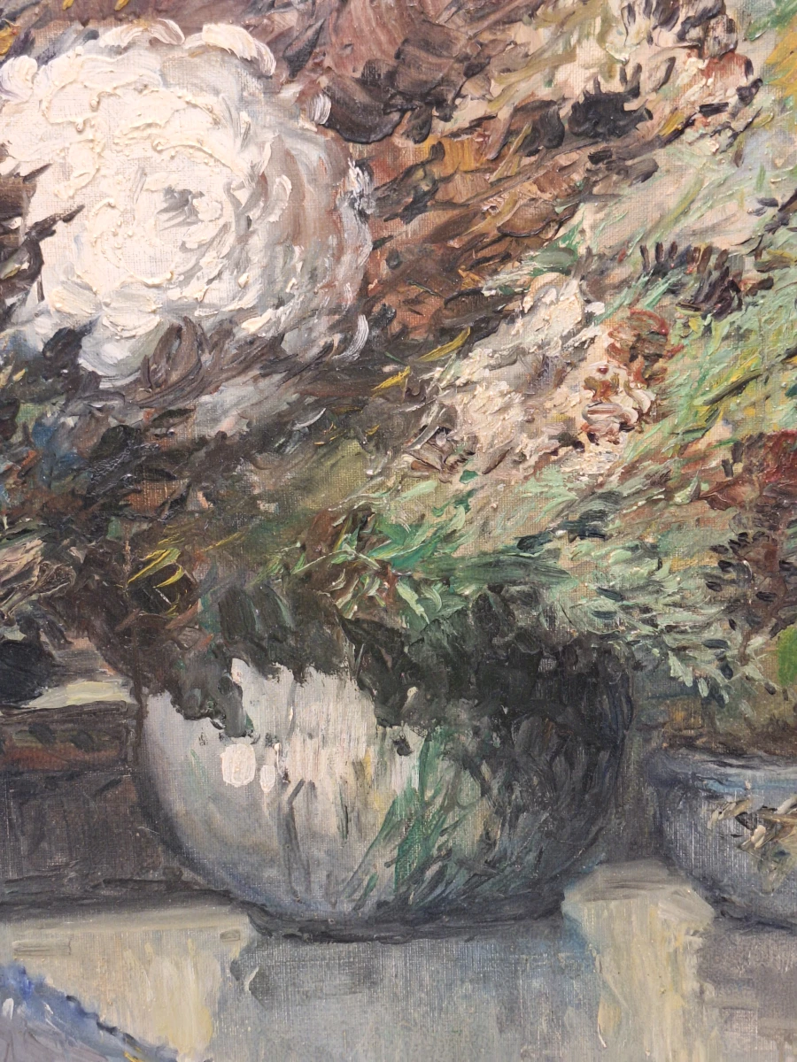 Bloemstilleven met witte chrysanten - Olieverf op doek - Gustave Helinck (1884–1954)