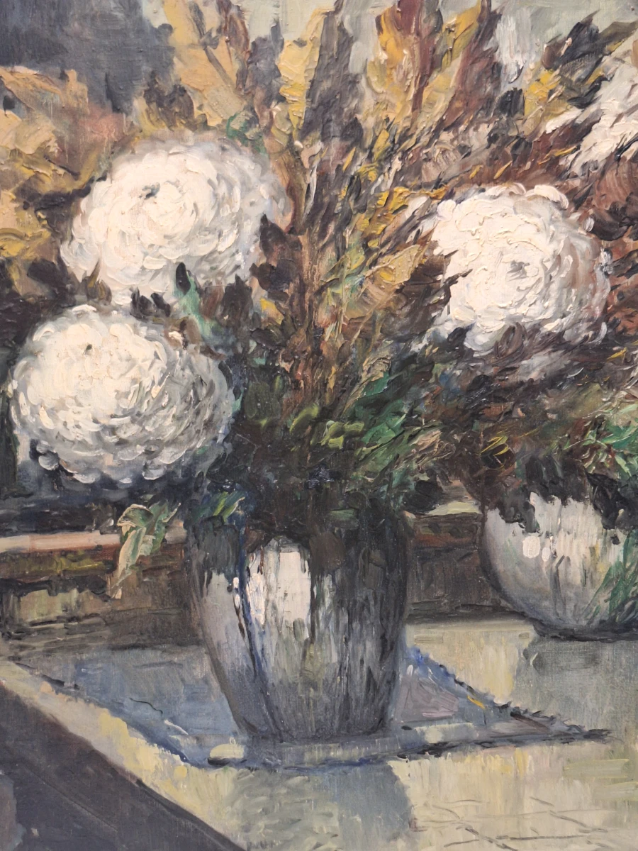 Bloemstilleven met witte chrysanten - Olieverf op doek - Gustave Helinck (1884–1954)