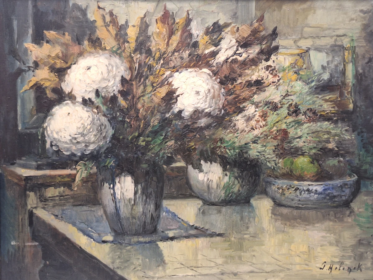 Bloemstilleven met witte chrysanten - Olieverf op doek - Gustave Helinck (1884–1954)