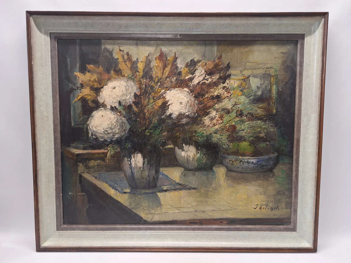 Bloemstilleven met witte chrysanten - Olieverf op doek - Gustave Helinck (1884–1954)