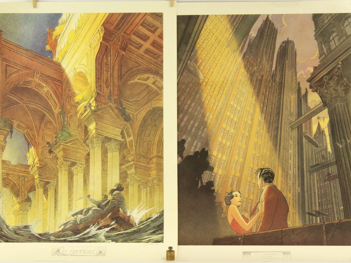 2 prints van striptekeningen in groot formaat met geprinte handtekening Francois Schuiten  (°1956)