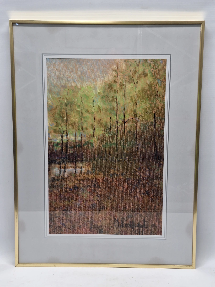 Sfeervol impressionistisch boslandschap in pastel - gesigneerd en gedateerd 1991