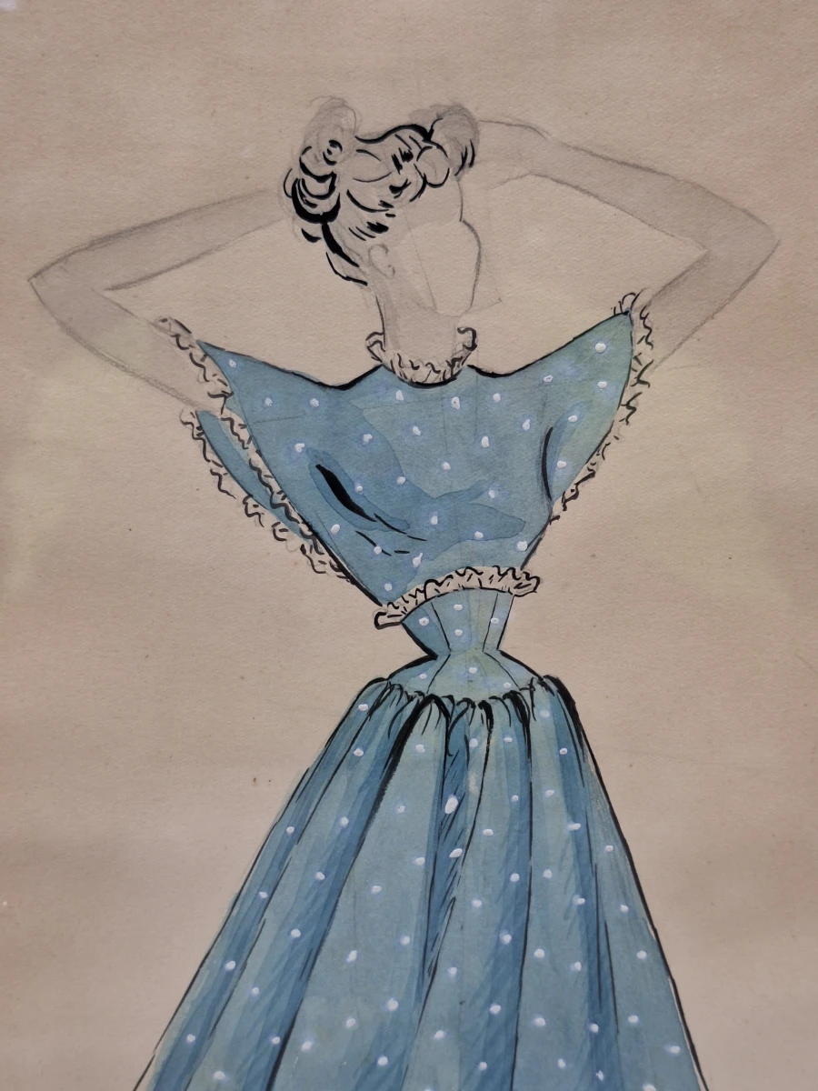 Set van 4 originele modetekeningen door Denise De Tollenaere (1948) - vintage couture-illustraties