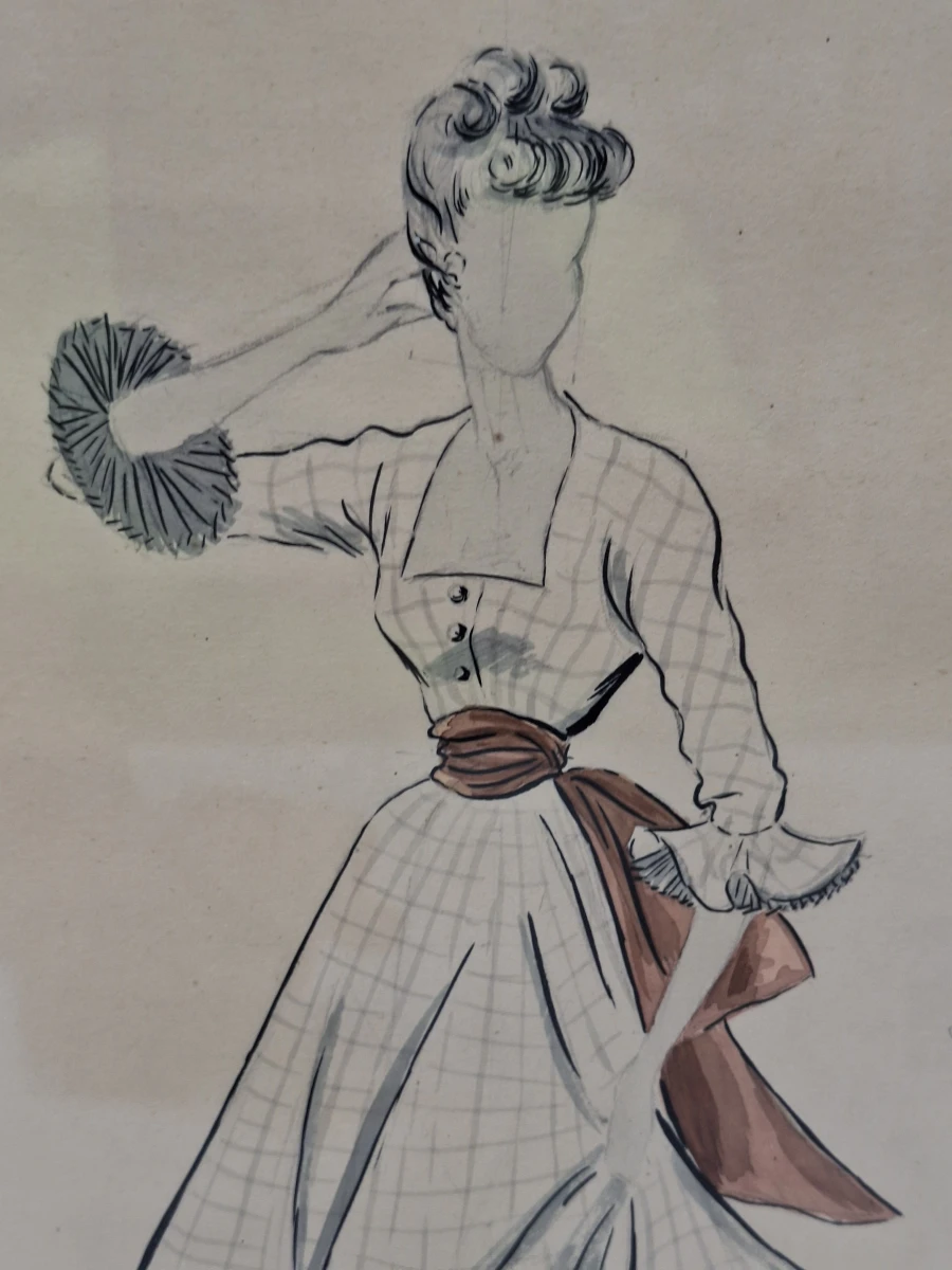 Set van 4 originele modetekeningen door Denise De Tollenaere (1948) - vintage couture-illustraties
