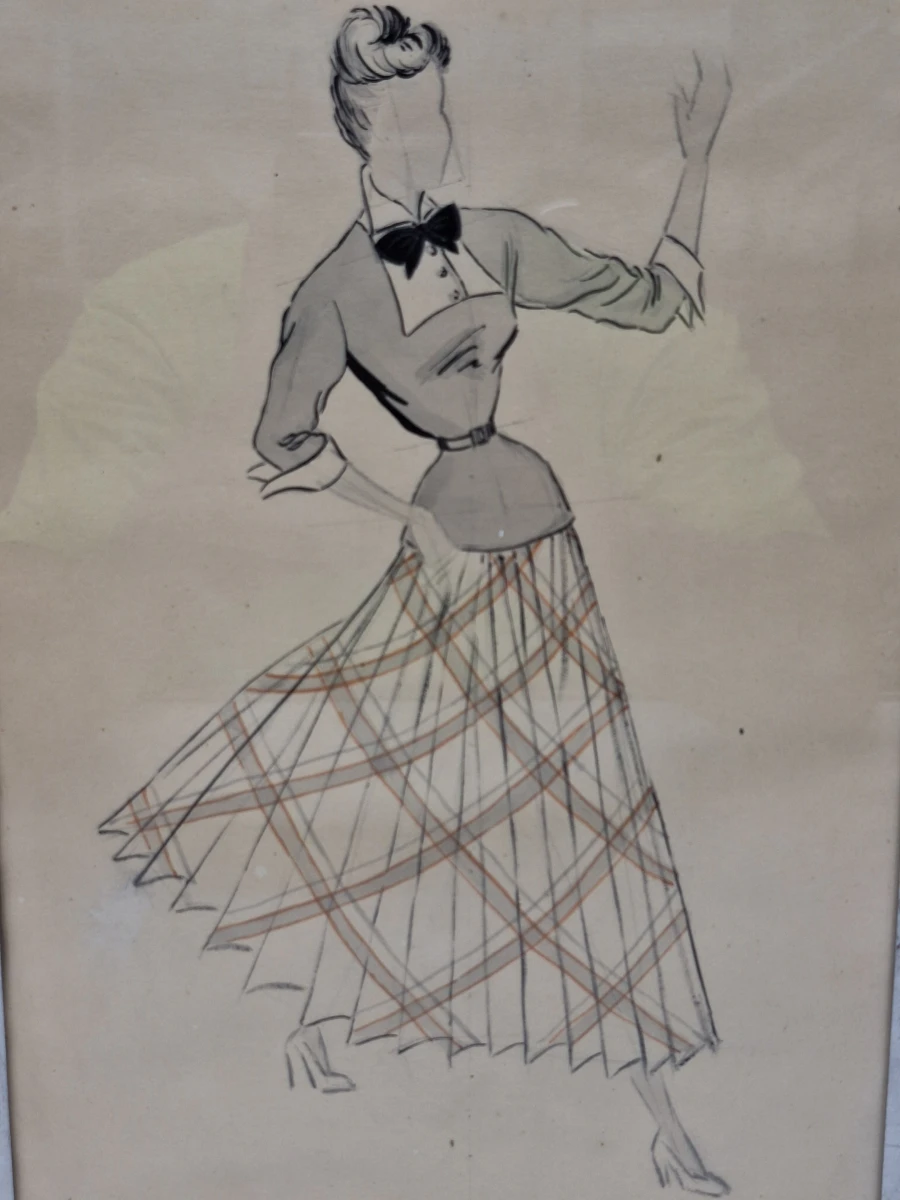 Set van 4 originele modetekeningen door Denise De Tollenaere (1948) - vintage couture-illustraties