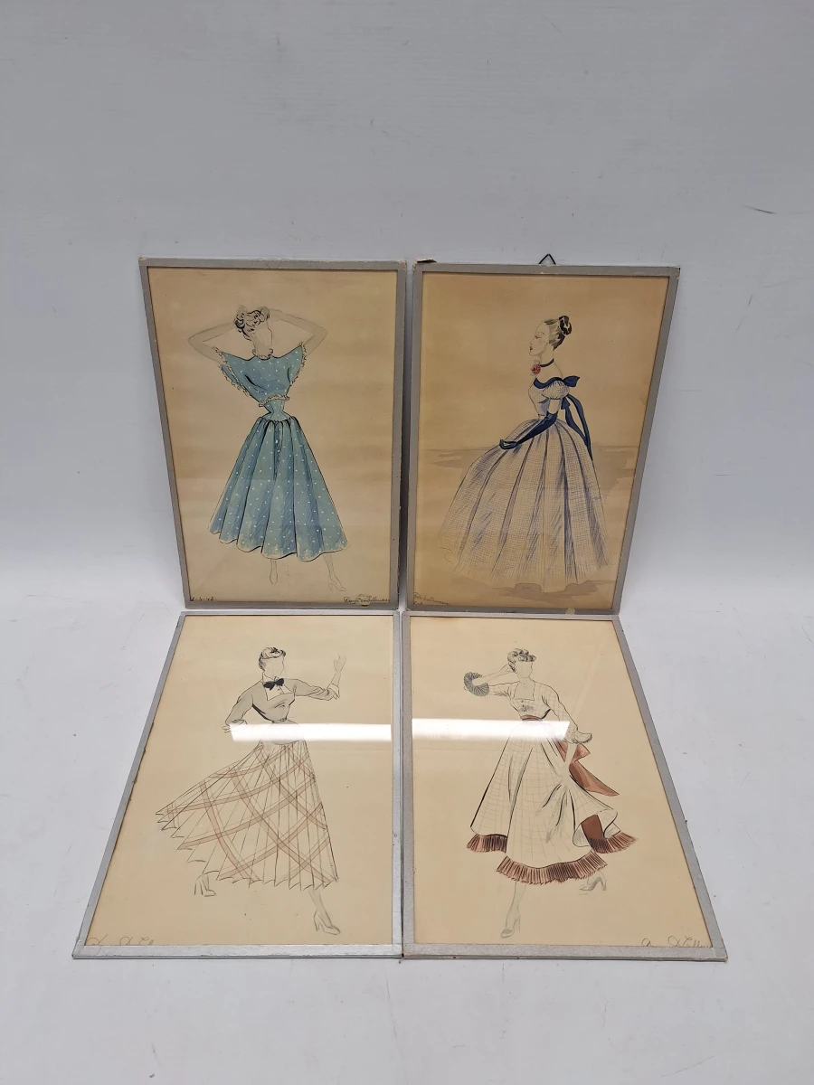 Set van 4 originele modetekeningen door Denise De Tollenaere (1948) - vintage couture-illustraties
