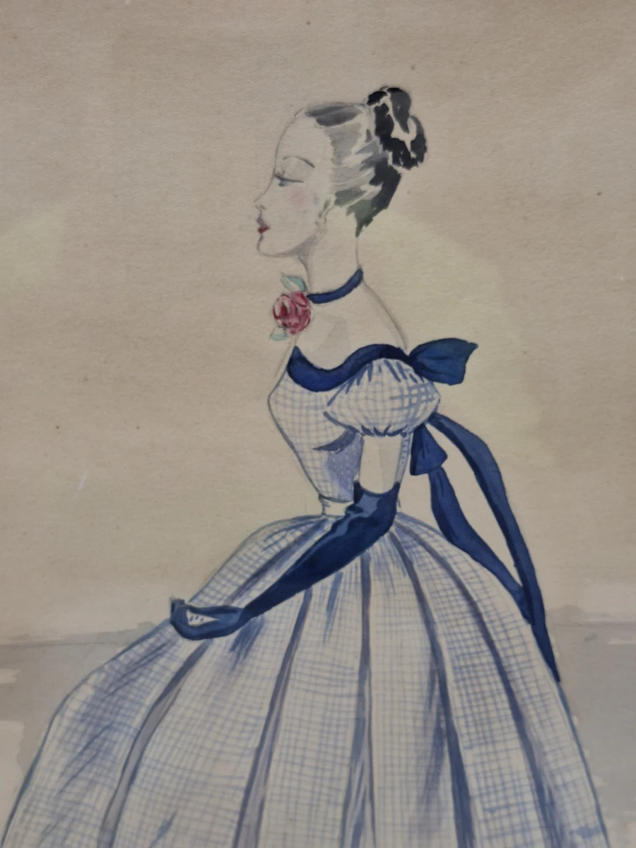 Set van 4 originele modetekeningen door Denise De Tollenaere (1948) - vintage couture-illustraties