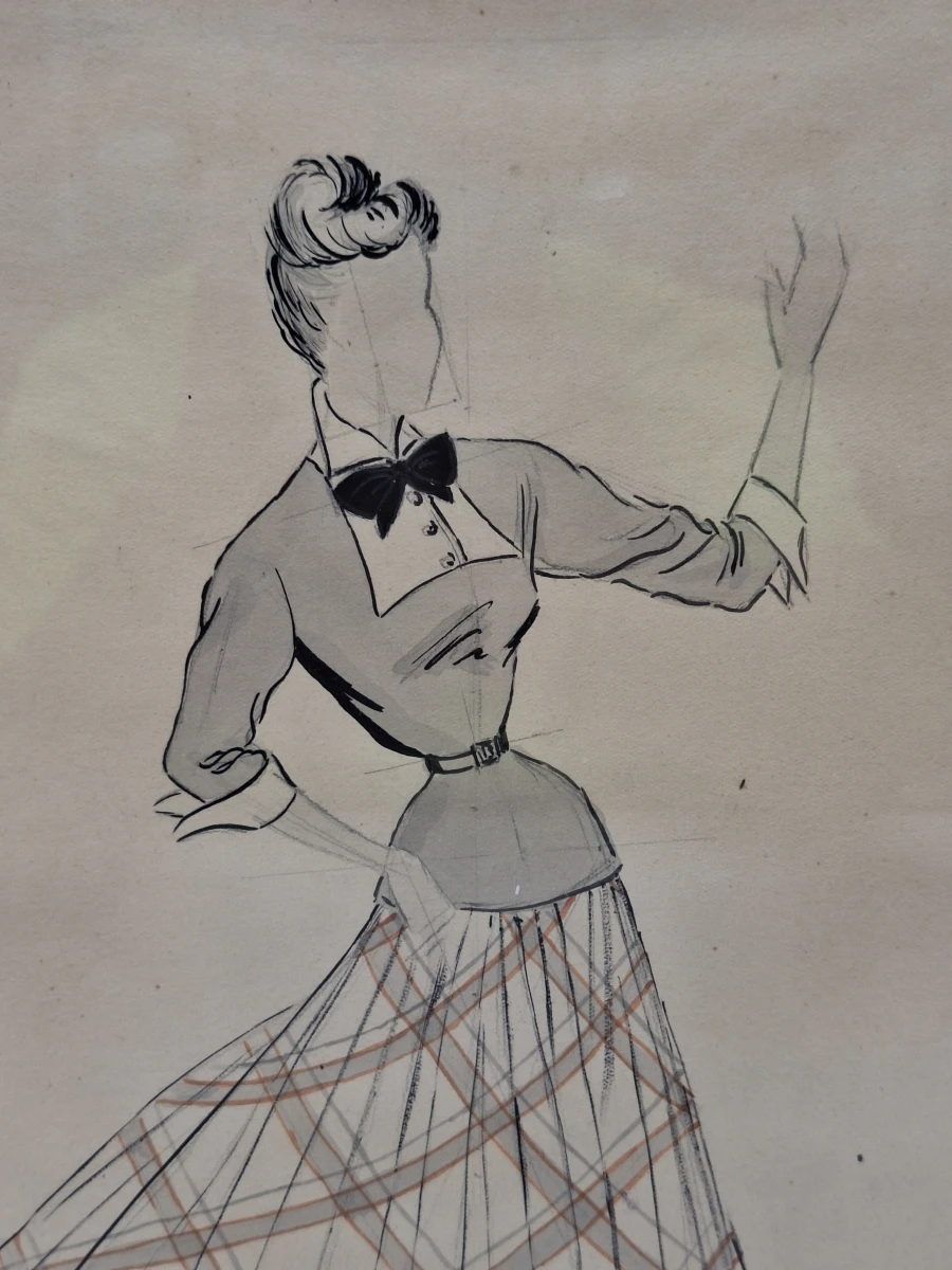 Set van 4 originele modetekeningen door Denise De Tollenaere (1948) - vintage couture-illustraties