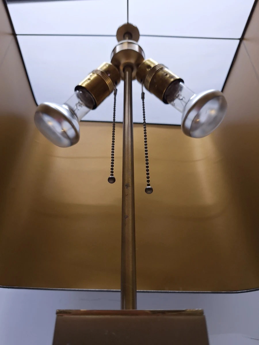 Grote vintage Deknudt tafellamp - Belgische designklassieker in geborsteld messing met dubbele verlichting