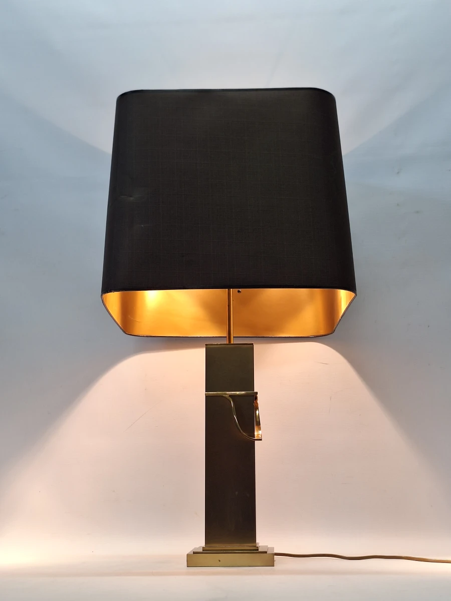 Grote vintage Deknudt tafellamp - Belgische designklassieker in geborsteld messing met dubbele verlichting