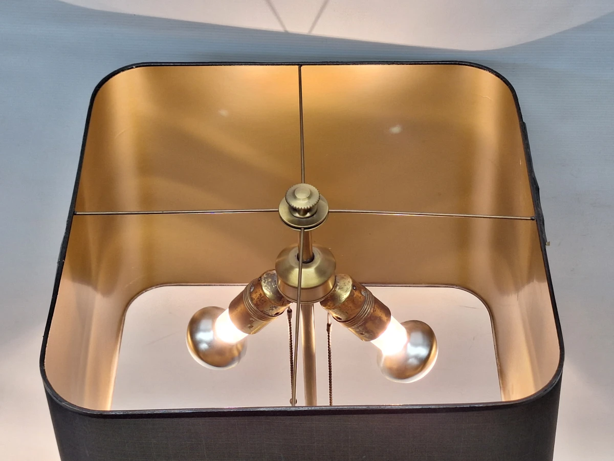 Grote vintage Deknudt tafellamp - Belgische designklassieker in geborsteld messing met dubbele verlichting