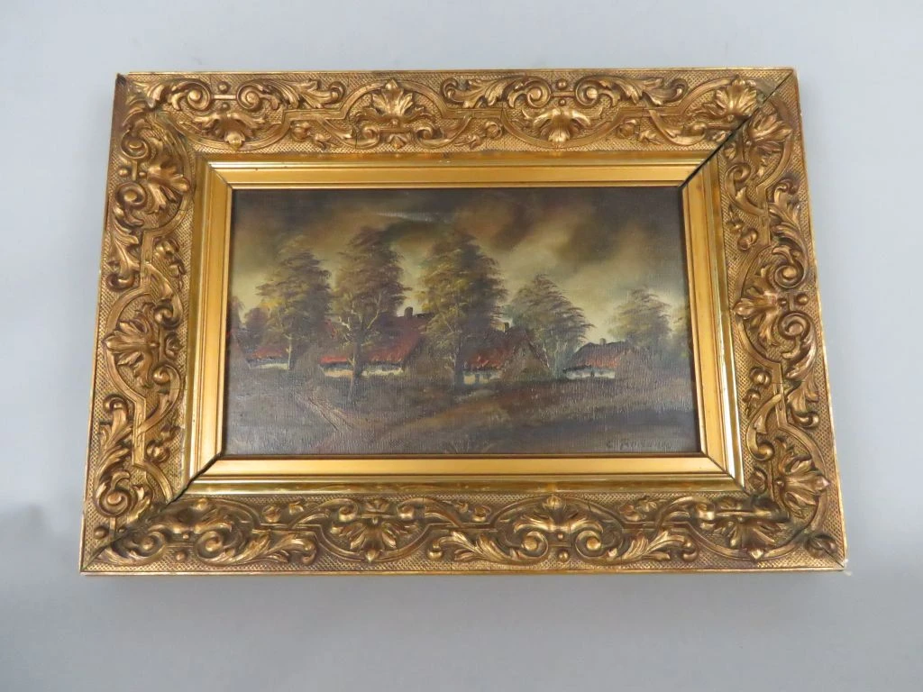 Olieverfschilderij landschap met goudkleurige lijst