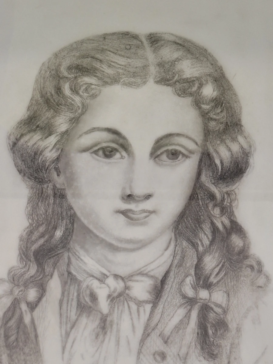 Handgetekend portret van jong meisje - potloodtekening in vergulde lijst