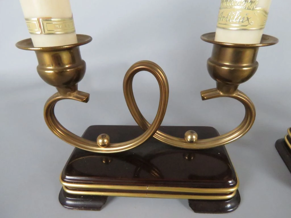 Set van 2 vintage koperen tafellampen met rode kapjes